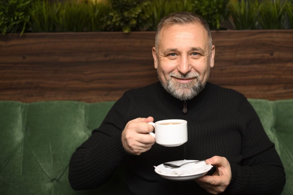 man holding cup coffee restaurant