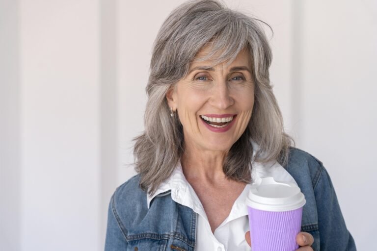 Home portrait smiley senior woman holding cup